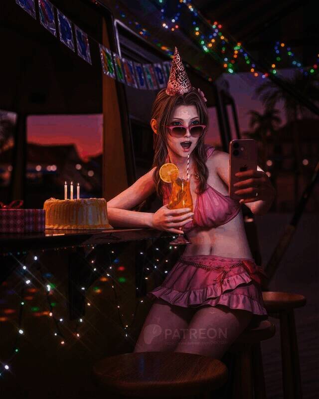 爱丽丝生日贺图，爱丽丝身穿粉色泳衣戴生日帽