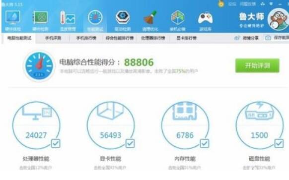 鲁大师测试完成后得分显示页面