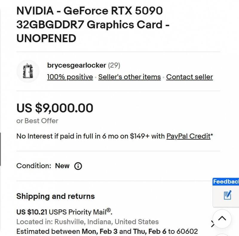eBay上RTX 5090高价售卖页面图片