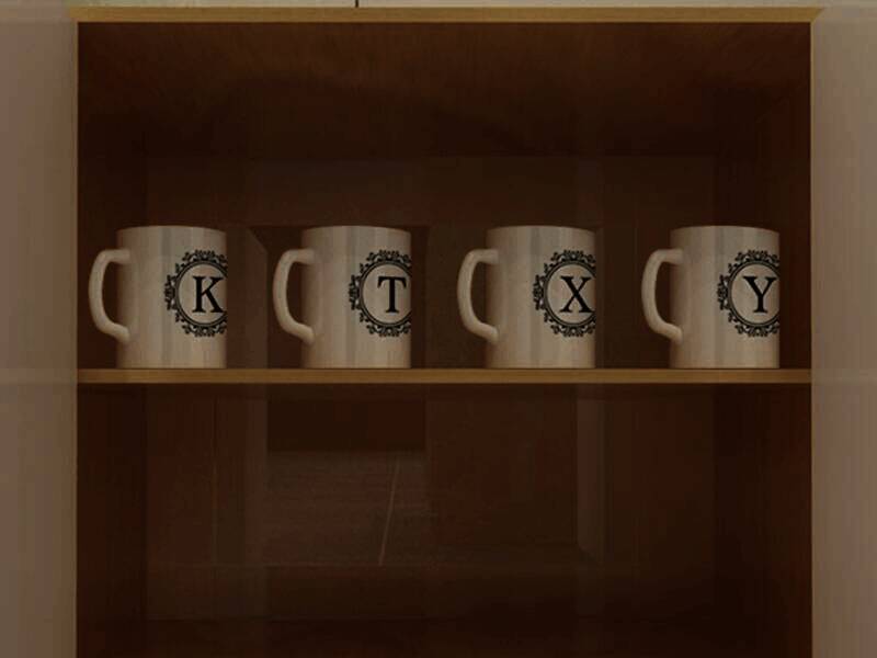 用美工刀打开快递箱获取马克杯并摆放得到钞票的图片