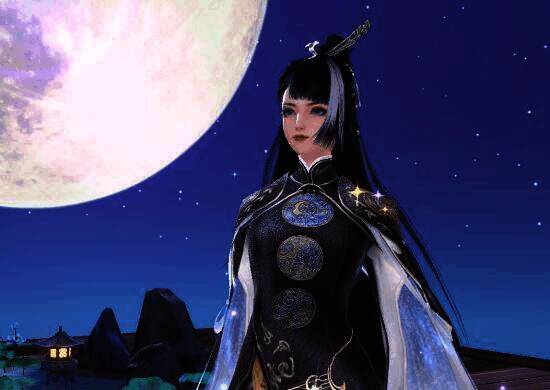 武运女脸模搭配神武八荒时装仰望夜空的少女图