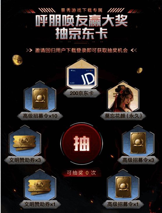 邀请好友界面展示多重奖励，包括京东卡、招募令及永久皮肤等豪华礼品