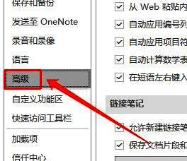 OneNote高级设置页面，列有多个可调整选项