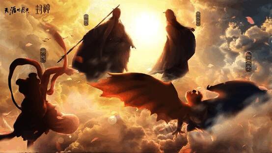 封神台场景原画，天空中漂浮着巨大神殿，四位神将矗立其中