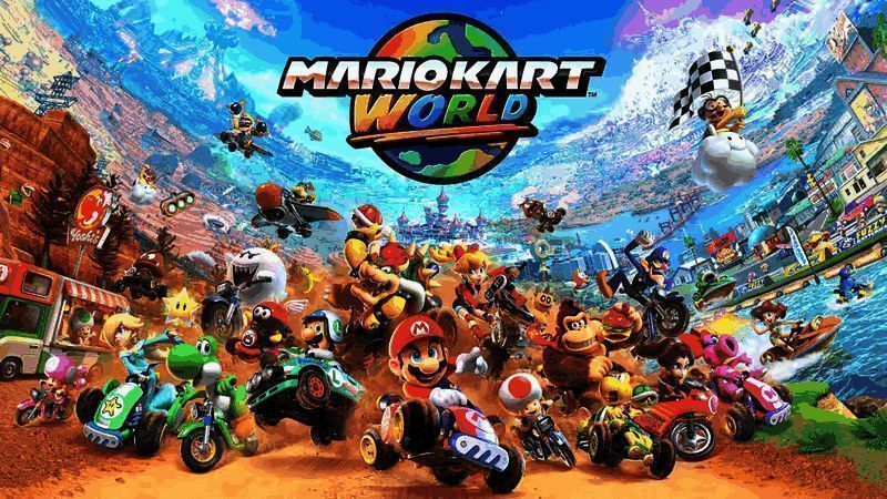 《马里奥赛车：世界》游戏封面，卡通风格的赛车场景，色彩鲜明