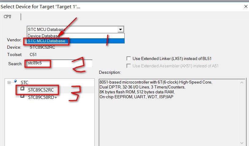 设备数据库界面，列出多种单片机型号，高亮显示STC 89C52RC
