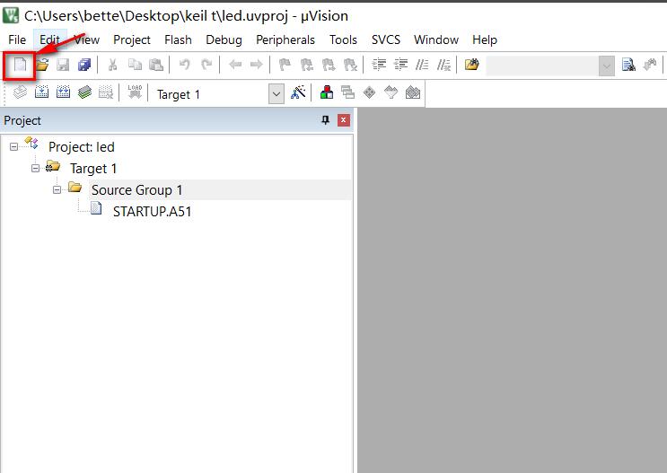 Keil编辑界面，顶部工具栏显示新建文件按钮被高亮