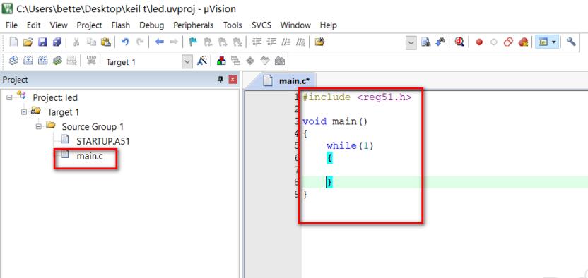 main.c编辑界面，展示一段基础的主函数代码示例