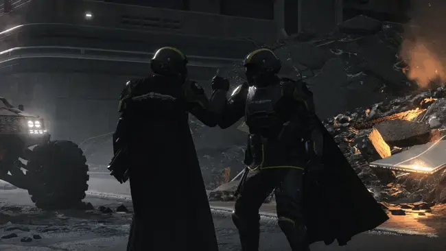 《地狱潜者2》游戏角色形象展示，背景为星际战斗场景