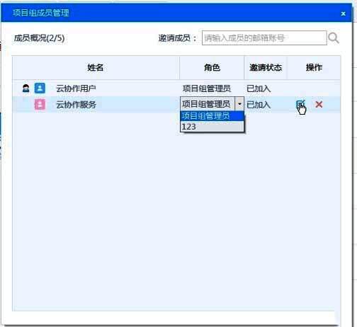 项目成员管理界面截图，显示当前团队成员列表及操作按钮