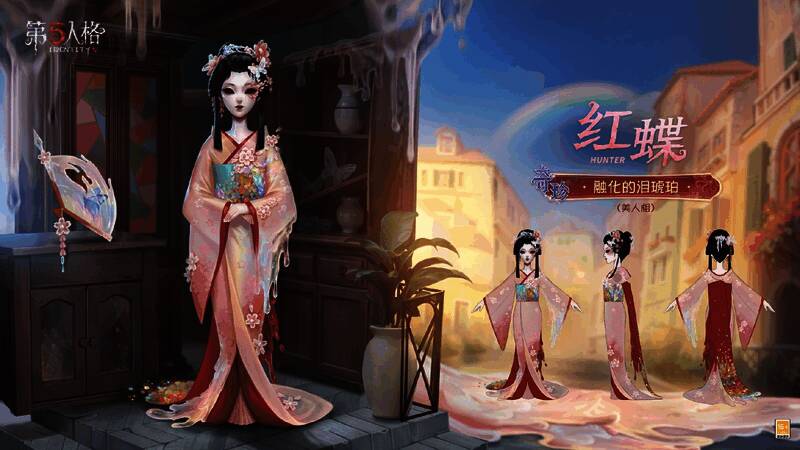 红蝶身穿半透明和服，额角停着蝴蝶