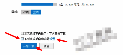 下载设置界面截图，展示自动转码选项配置