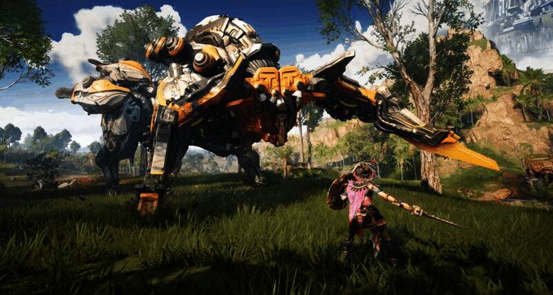 荒野起源游戏主界面展示一个被废墟覆盖的世界，天空中漂浮着巨大的机械生物