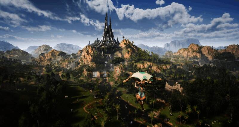 两名玩家协同搭建基地，远处有机械兽巡逻