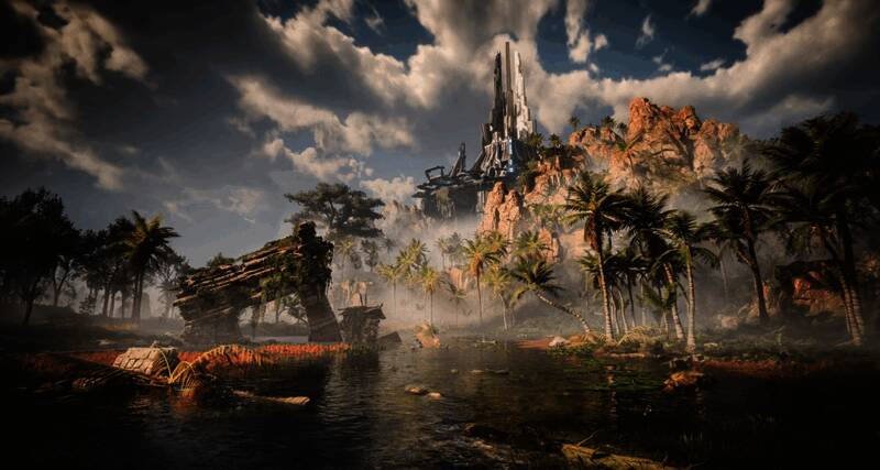 角色骑乘机械兽穿越沙漠地形，背景为落日余晖下的废墟城市