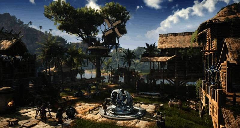 夜晚场景下，角色点燃篝火，周围环绕着发光的植物与游荡的机械兽