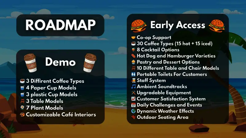 游戏主菜单界面，背景是夕阳下的海滩酒吧，界面按钮展示各项功能选项