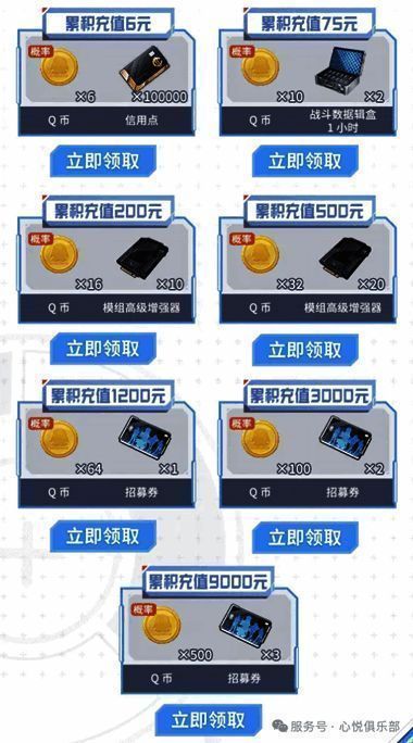 充值返利活动页面，详细列出各档位奖励标准