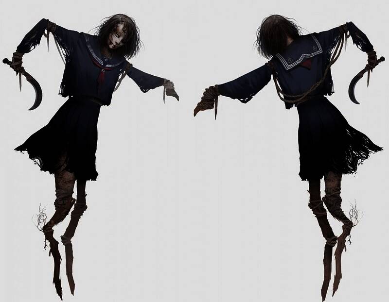 Ayakakashi全身像，身着破旧校服，身形瘦削，宛如噩梦中的存在