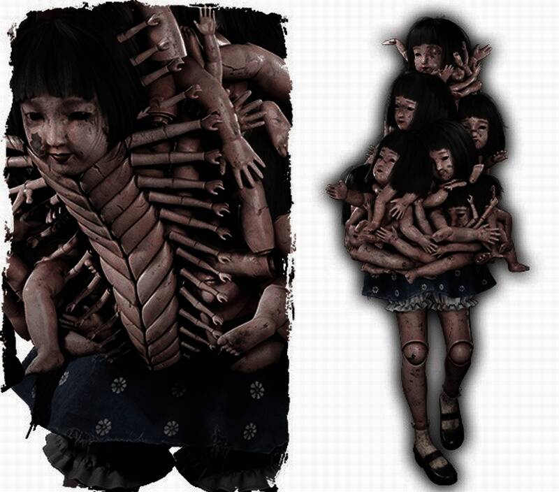 Oi-omoi设定图，多个玩偶部件拼接成的怪物，四肢扭曲，表情狰狞