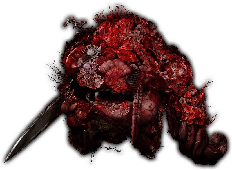 Ara-abare设定图，巨型身躯被盛开的鲜花包裹，散发诡异美感