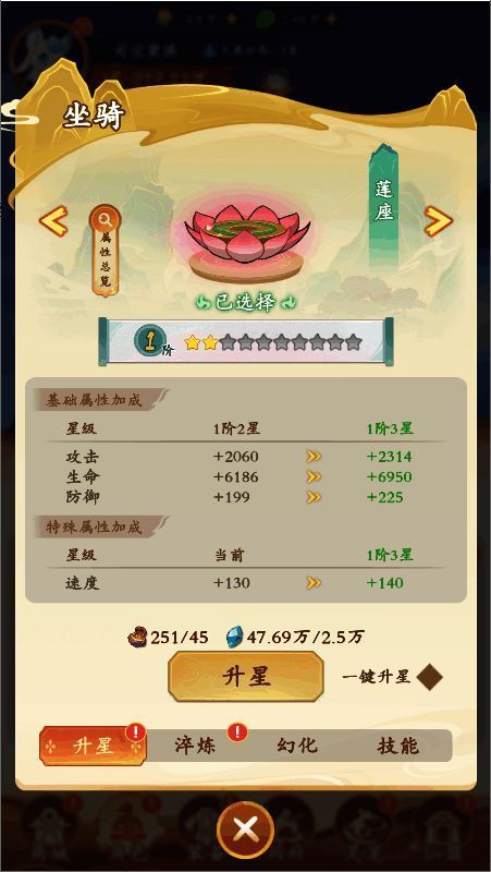 坐骑界面展示，显示不同坐骑的属性加成效果