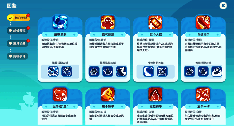 天赋选择界面展示，左侧为核心天赋，右侧为成长天赋列表