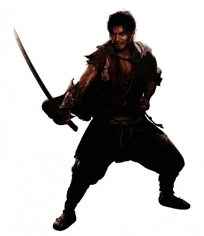 宫本武藏正面立绘，表情坚毅，身穿修行服，背后背着长刀