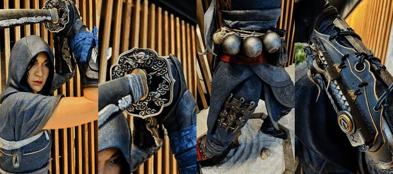 《刺客信条：影》奈绪江和弥助雕像特写