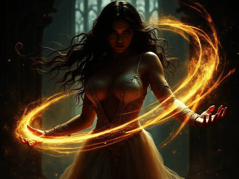 Grok 文生图展示：华丽幻想女巫旋转施展魔法