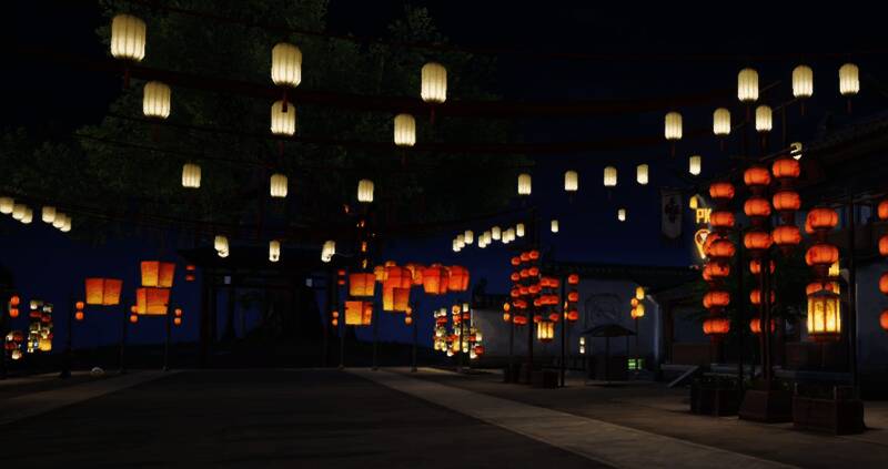 玩家身着古风服装在灯会中