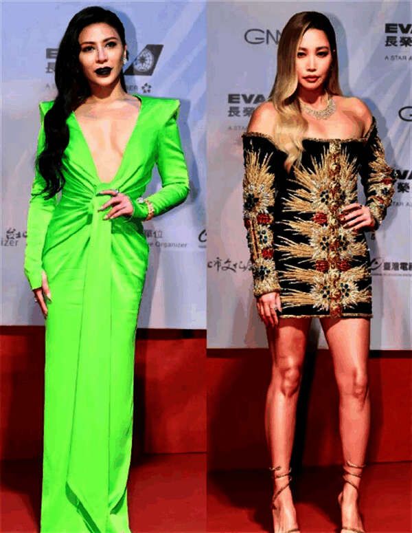 金曲奖红毯上穿荧光绿礼服搭配黑口红的明星造型
