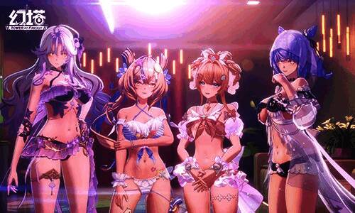 多位角色穿着不同风格泳装的画面展示，背景为阳光沙滩场景