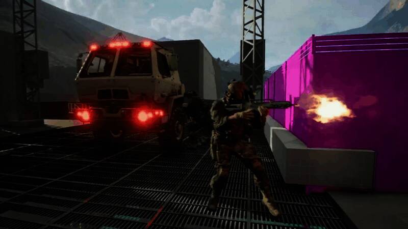 游戏中激烈交火的场景，士兵在废墟中穿梭