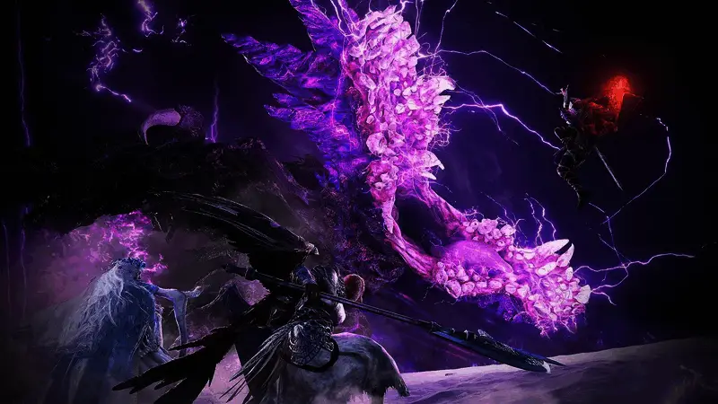 Boss战斗界面特写，角色与巨大敌人激烈对抗，技能特效华丽