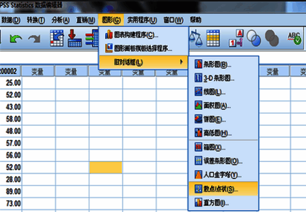 SPSS图形菜单展开，用户正在选择散点图类型