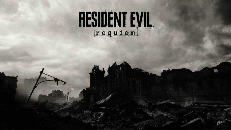 浣熊市废墟街景，街道破败不堪，建筑残骸遍布，远处有模糊的丧尸身影