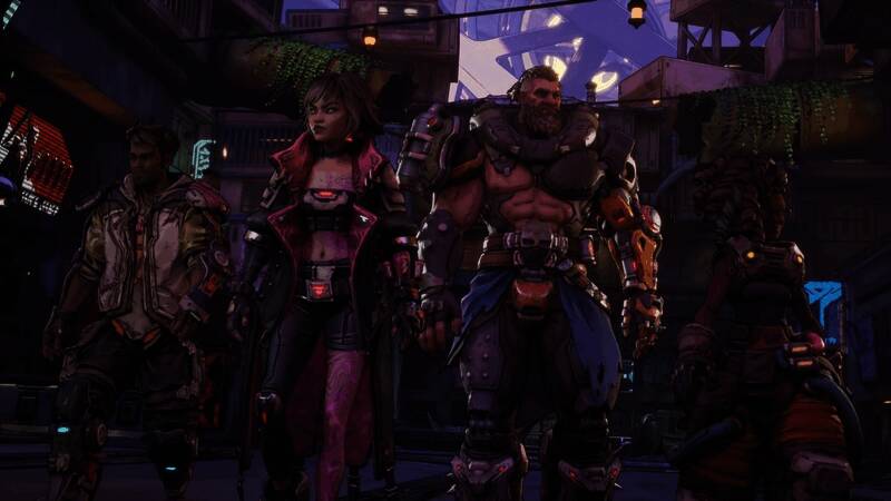 《无主之地4》角色持枪战斗场景，风格化卡通渲染，背景为废土世界