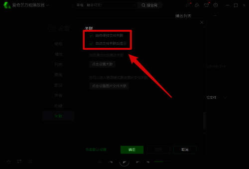 自动关联选项勾选示意图，界面突出显示该功能开关