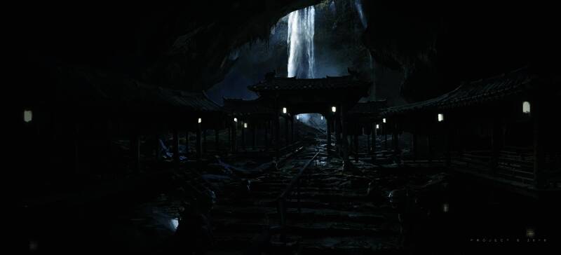《黑神话：悟空》狮驼国场景概念图，描绘一座残破城池，天空乌云密布