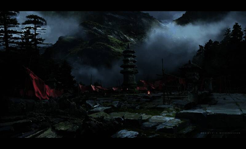 《黑神话：悟空》狮驼岭地形概念图，山脉崎岖，道路蜿蜒深入未知区域