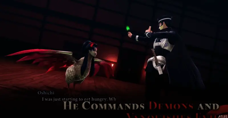 游戏中角色与恶魔搭档在街头调查的画面，背景是复古风格的城市街景