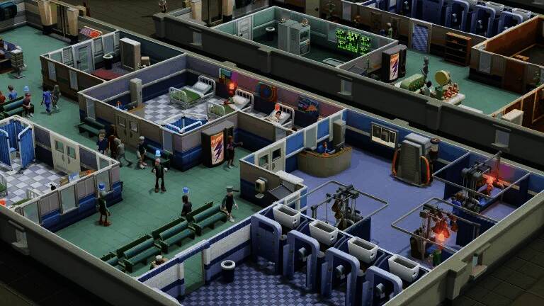 《双点医院》游戏内场景展示，医院管理界面与趣味病症设定