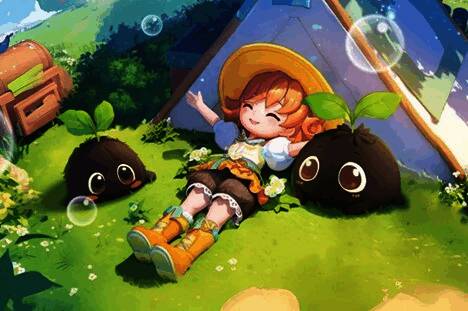 游戏中海岛建设场景，绿意盎然，卡通风格建筑错落有致