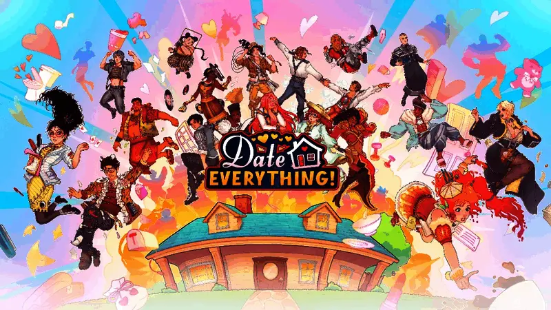 《Date Everything!》游戏封面展示，主角佩戴‘Dateviator’眼镜，周围漂浮着各种非传统恋爱对象形象