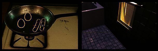 角色整理桌面物品，桌上摆放着老旧照片和奇怪符号