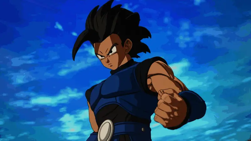 远古赛亚人夏洛特释放强力能量波，背景火焰四溅