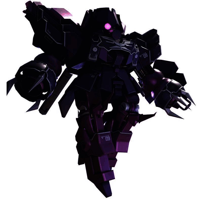 罗森·祖鲁机体正面展示，暗紫色涂装与机械爪细节清晰可见