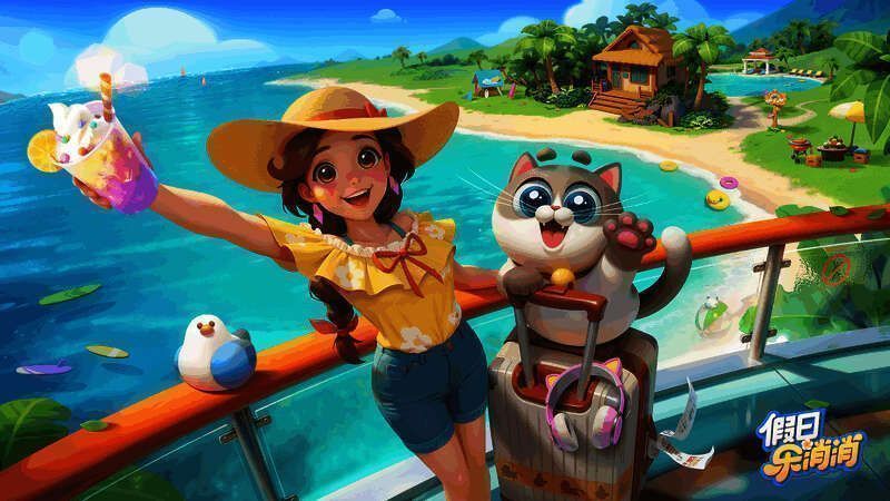 游戏中角色在海滩边享受休闲时光的画面，场景色彩明亮，氛围轻松愉快