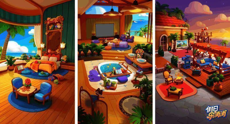 游戏内海岛全景图，椰树摇曳，海浪轻拍沙滩，景色如画